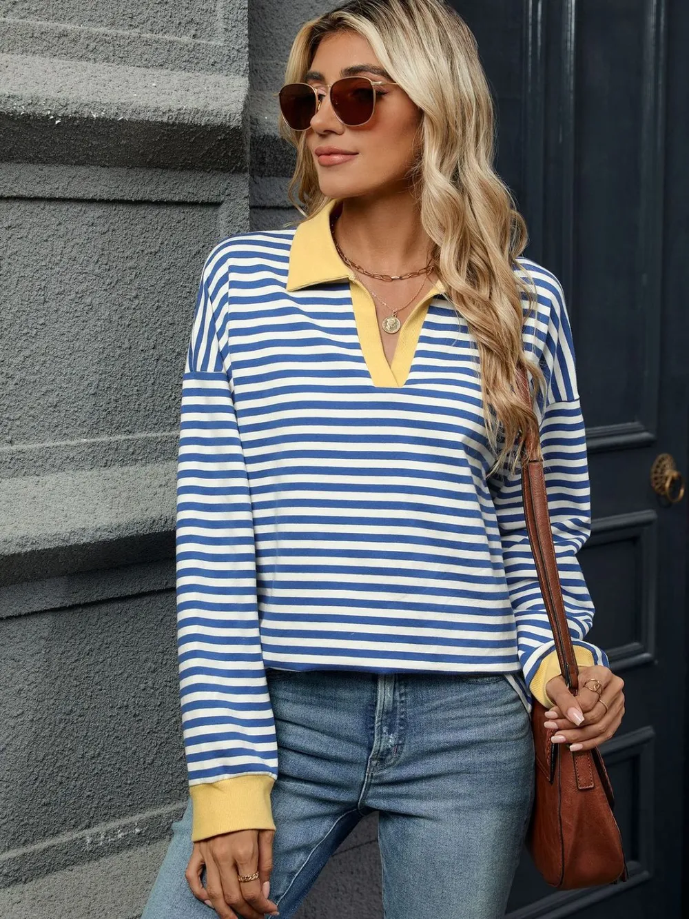 Striped Johnny Collar Long Sleeve Sweatshirt, image 28