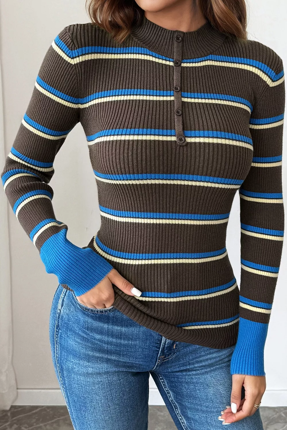 Ribbed Knit Contrast Cuff Henley Button Sweater, image 11
