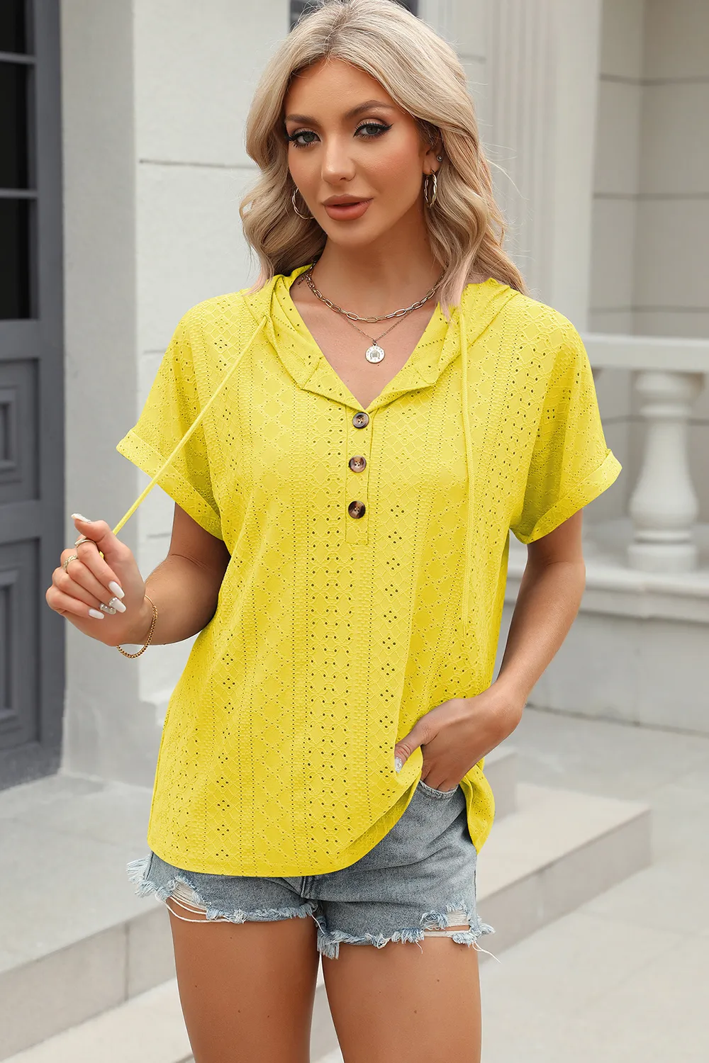 Eyelet Drawstring Hooded Short Sleeve Blouse, image 27