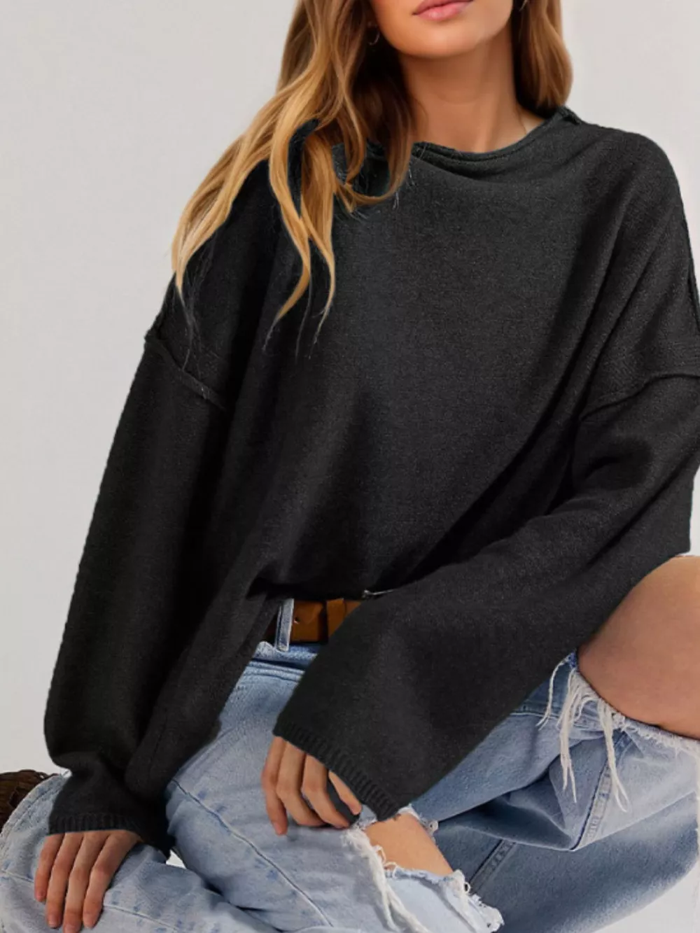 Exposed Seam Mock Neck Knit Top, image 8