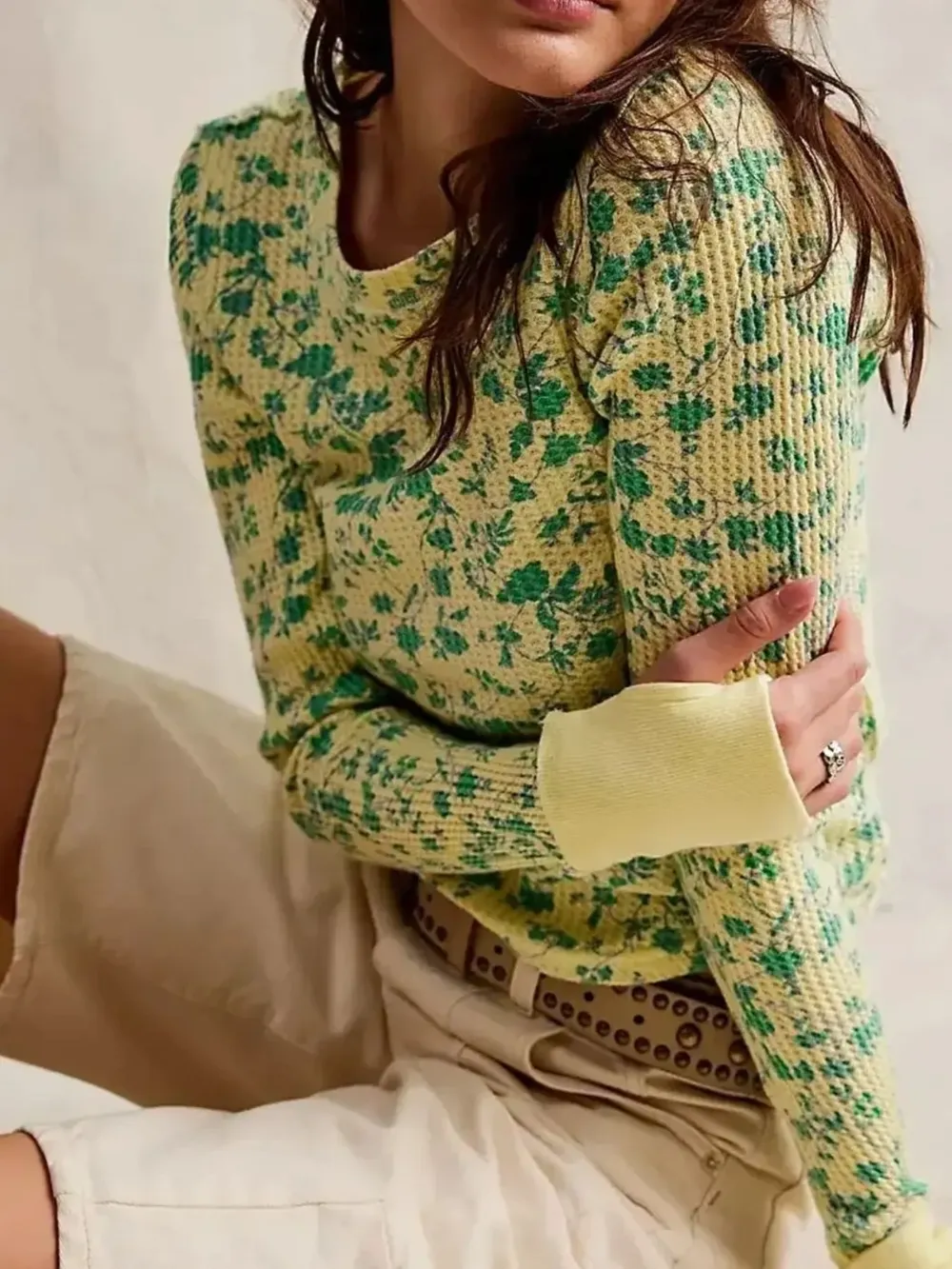 Floral Print Waffle Knit Top, image 7