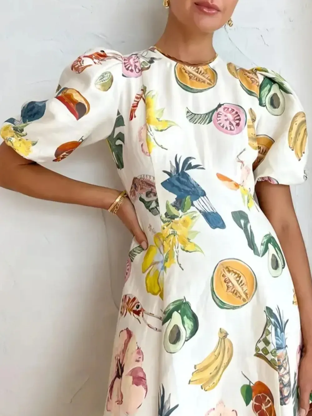 Printed Round Neck Puff Sleeve Dress, image 2