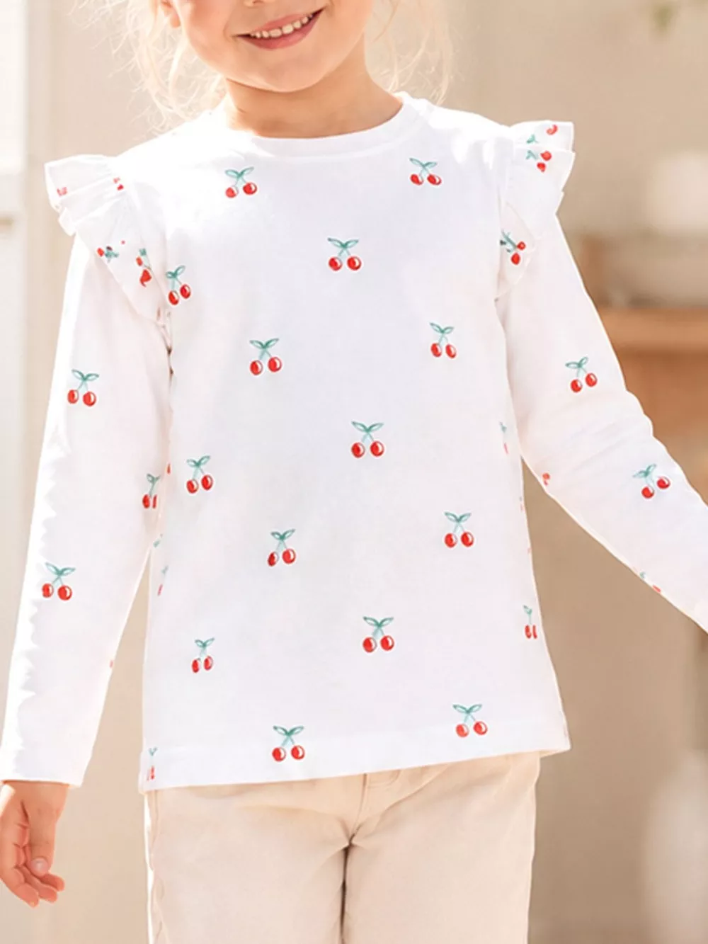 Children's Cherry & Flower Print Ruffled Long Sleeve T-Shirt, image 5