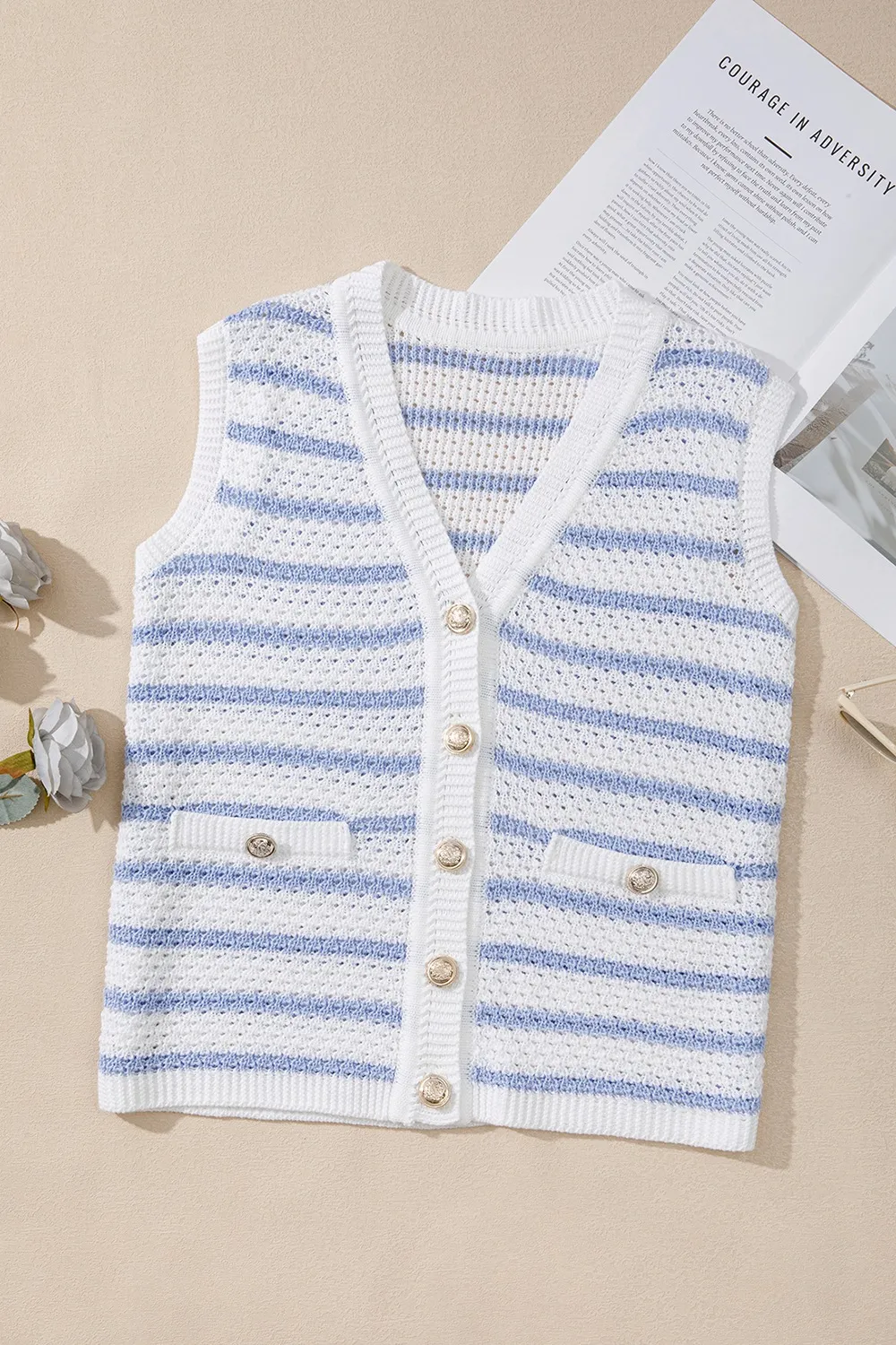 Stripe V Neck Gold Buttons Elegant Sweater Vest, image 2