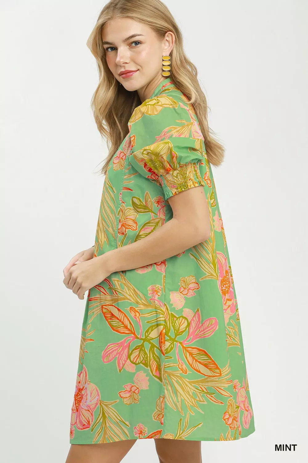 Botanical Print Dress with Smocked Cuffs, image 4
