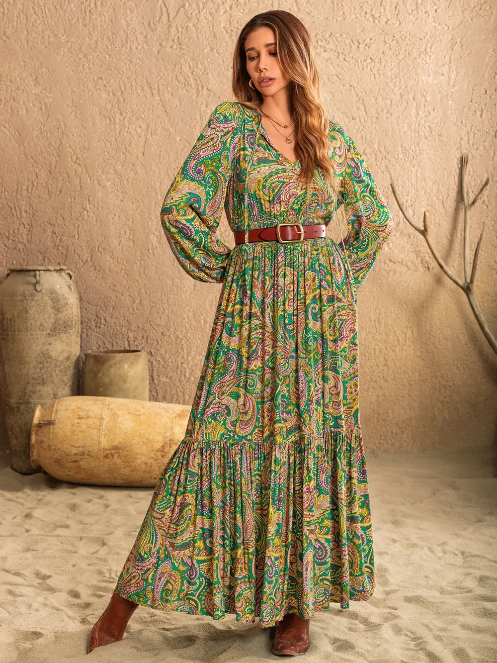 Printed Tie Neck Long Sleeve Dress, image 5