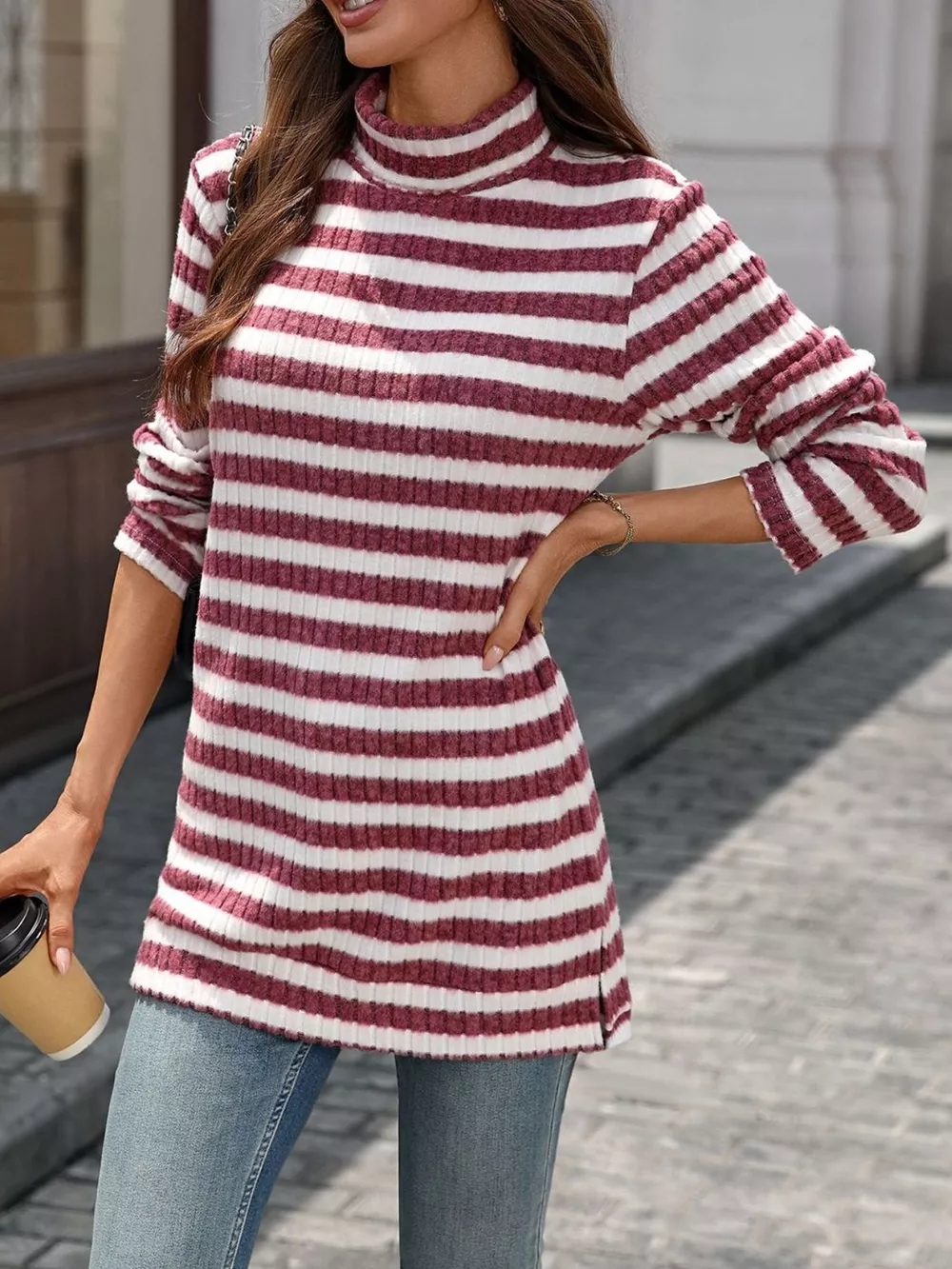 Striped Turtleneck Long Sleeve Knit Top, image 17