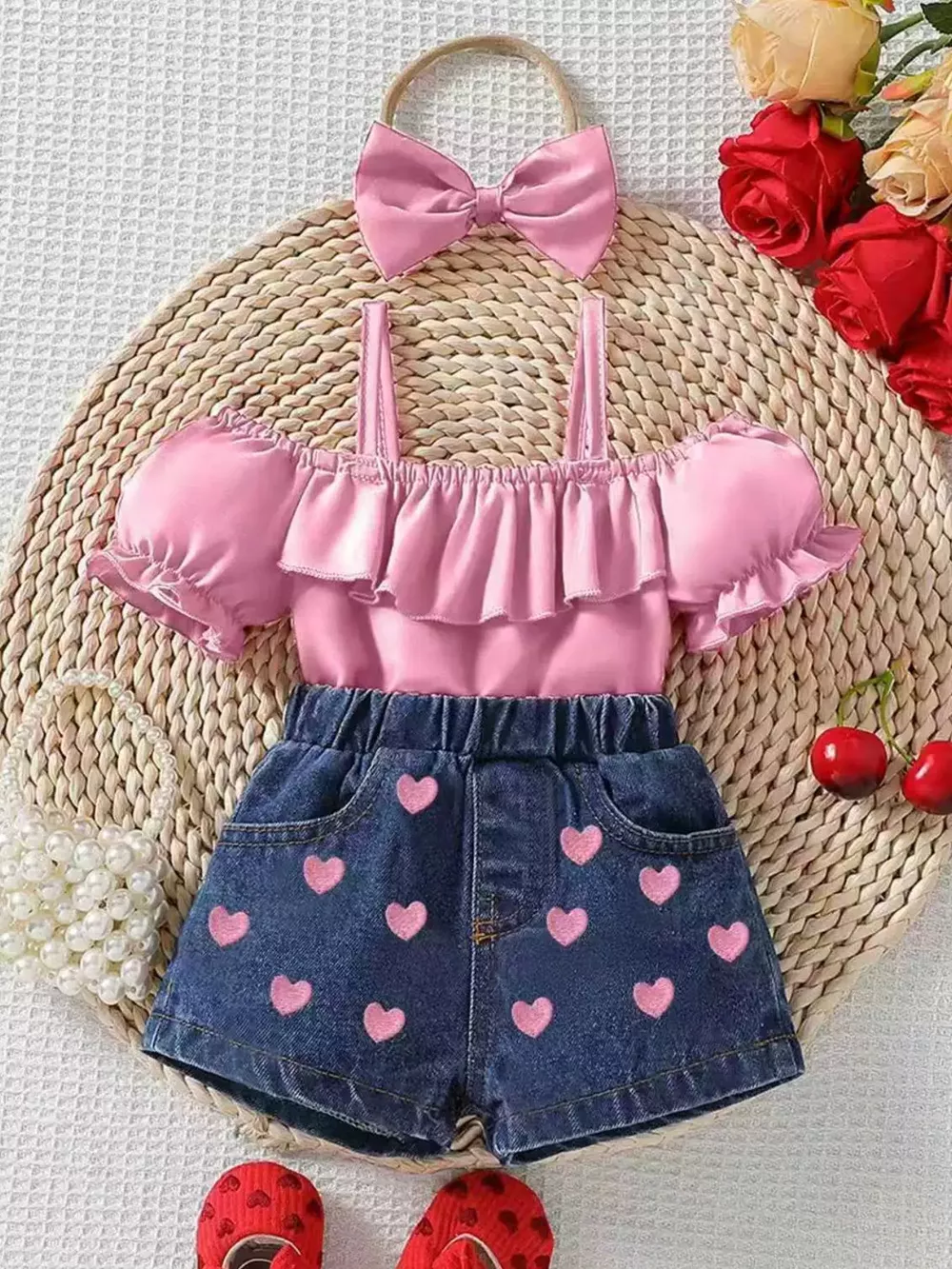 Children's Ruffled Top & Heart Embroidered Denim Shorts Set