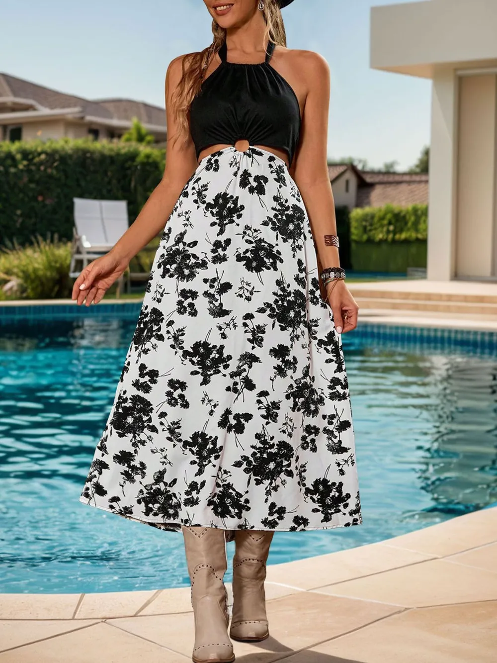 Backless Printed Halter Neck Midi Dress