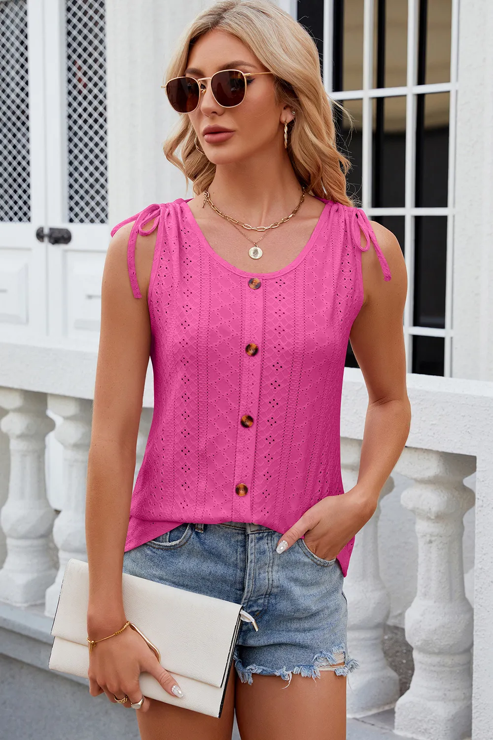 Eyelet Round Neck Wide Strap Tank, image 12