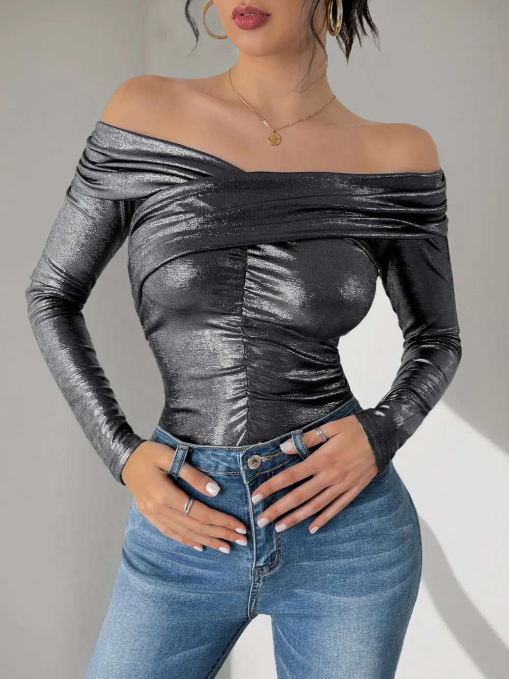 Ruched Off-Shoulder Long Sleeve Bodysuit