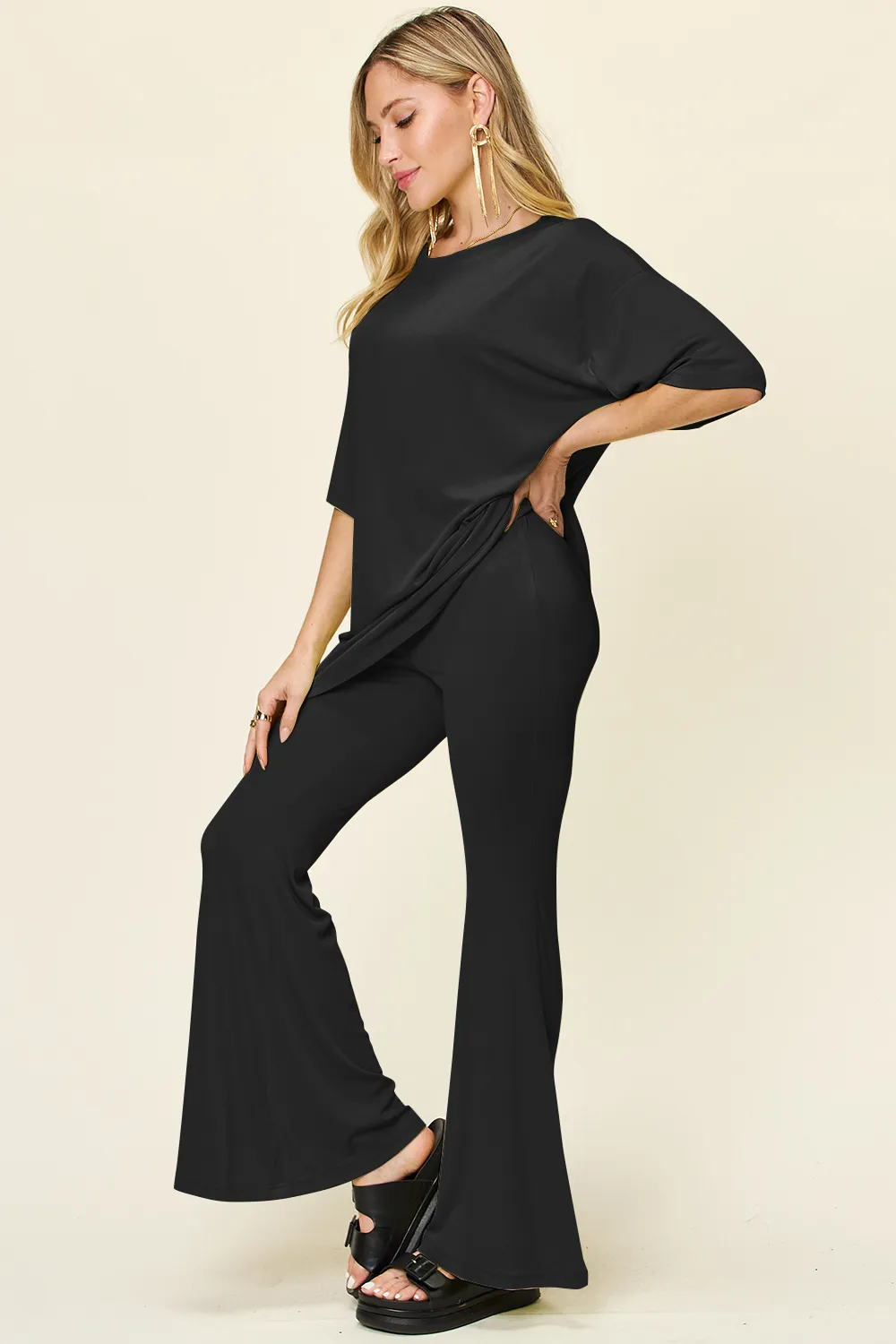 Full Size Round Neck Drop Shoulder T-Shirt and Flare Pants Set, image 5