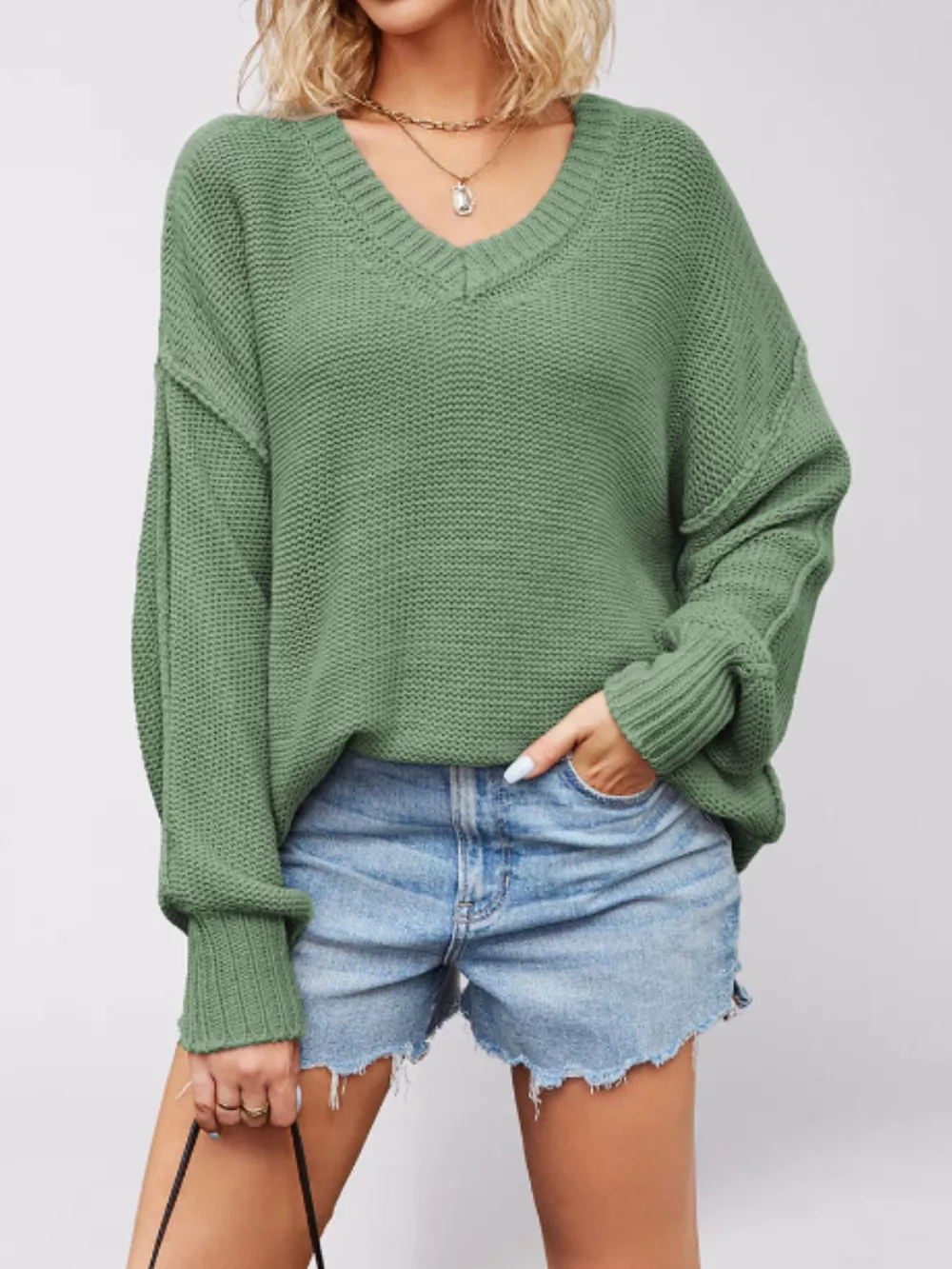 V-Neck Loose Knit Drop Shoulder Sweater, image 2