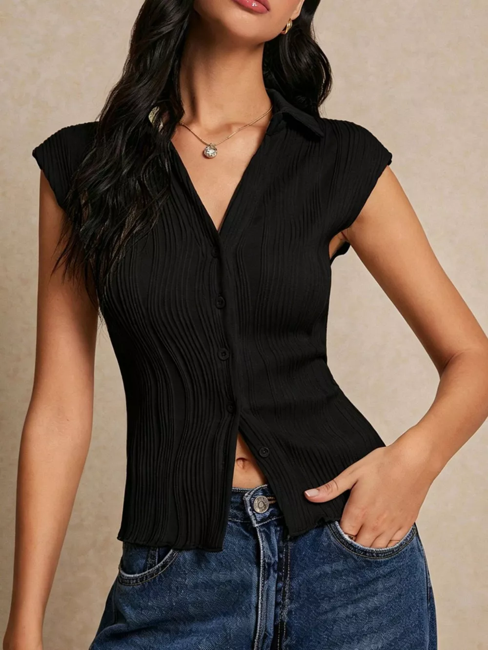 Button-Down Cap Sleeve Shirt, image 3