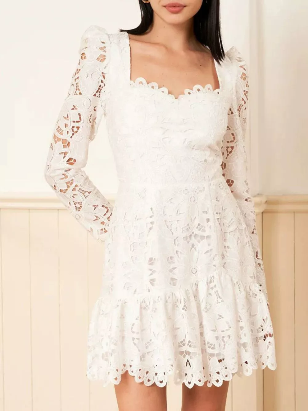 Lace Long-Sleeve Mini Dress with Scalloped Neckline