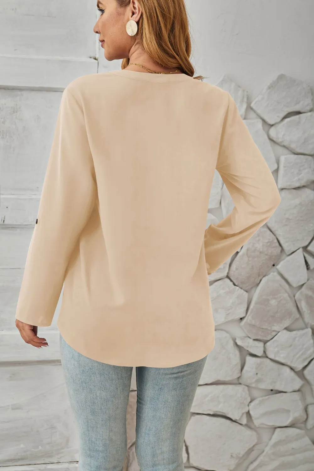 Decorative Button Notched Long Sleeve Blouse, image 9
