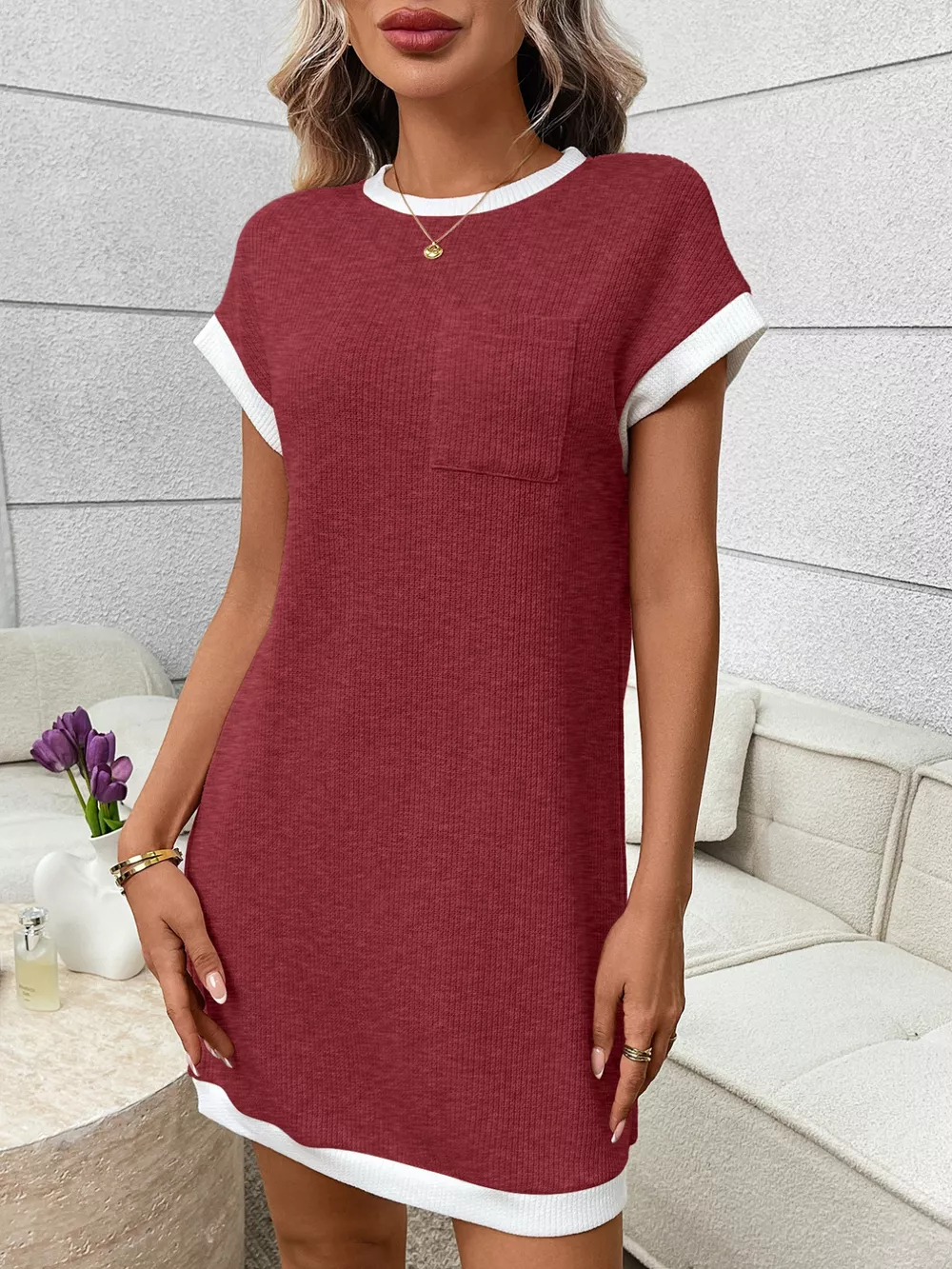 Contrast Trim Ribbed Knit Mini Dress with Pocket, image 16