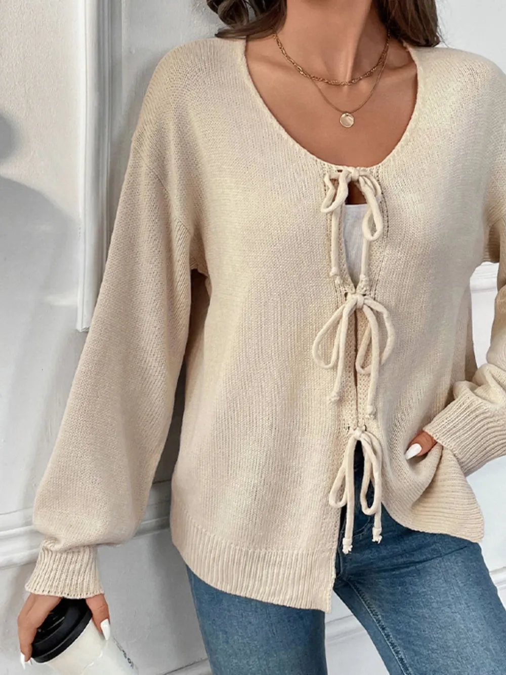 Tied Round Neck Long Sleeve Cardigan, image 2