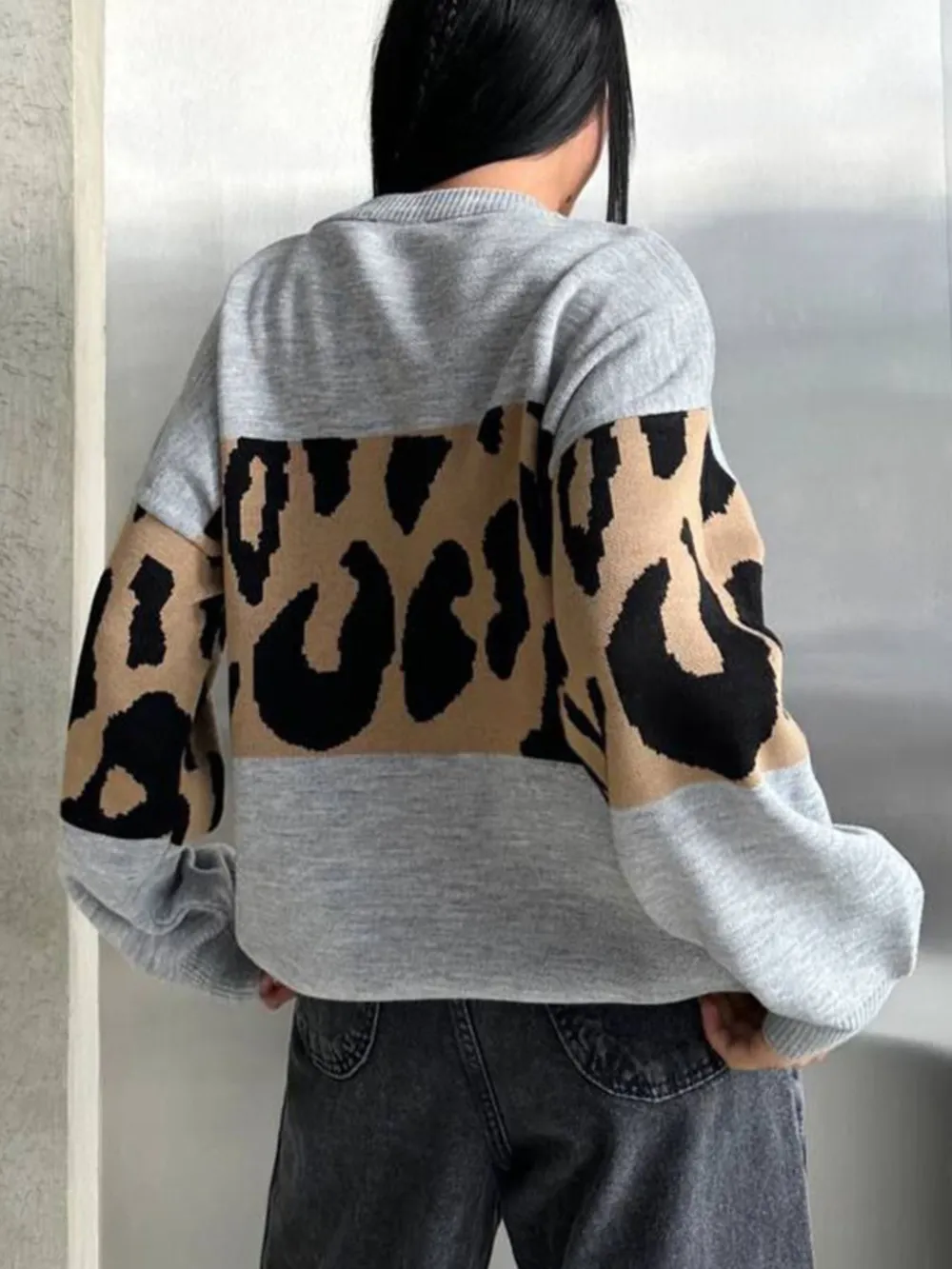 Leopard Color Block Round Neck Sweater, image 14