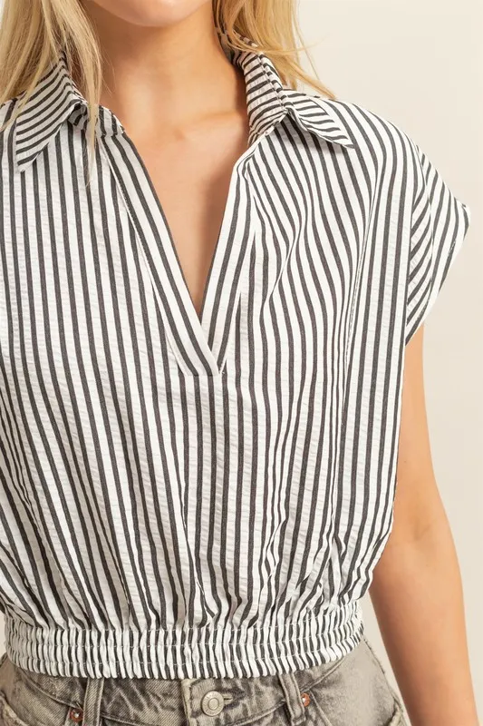 Striped Elastic Hem Johnny Collar Cap Sleeve Blouse, image 4