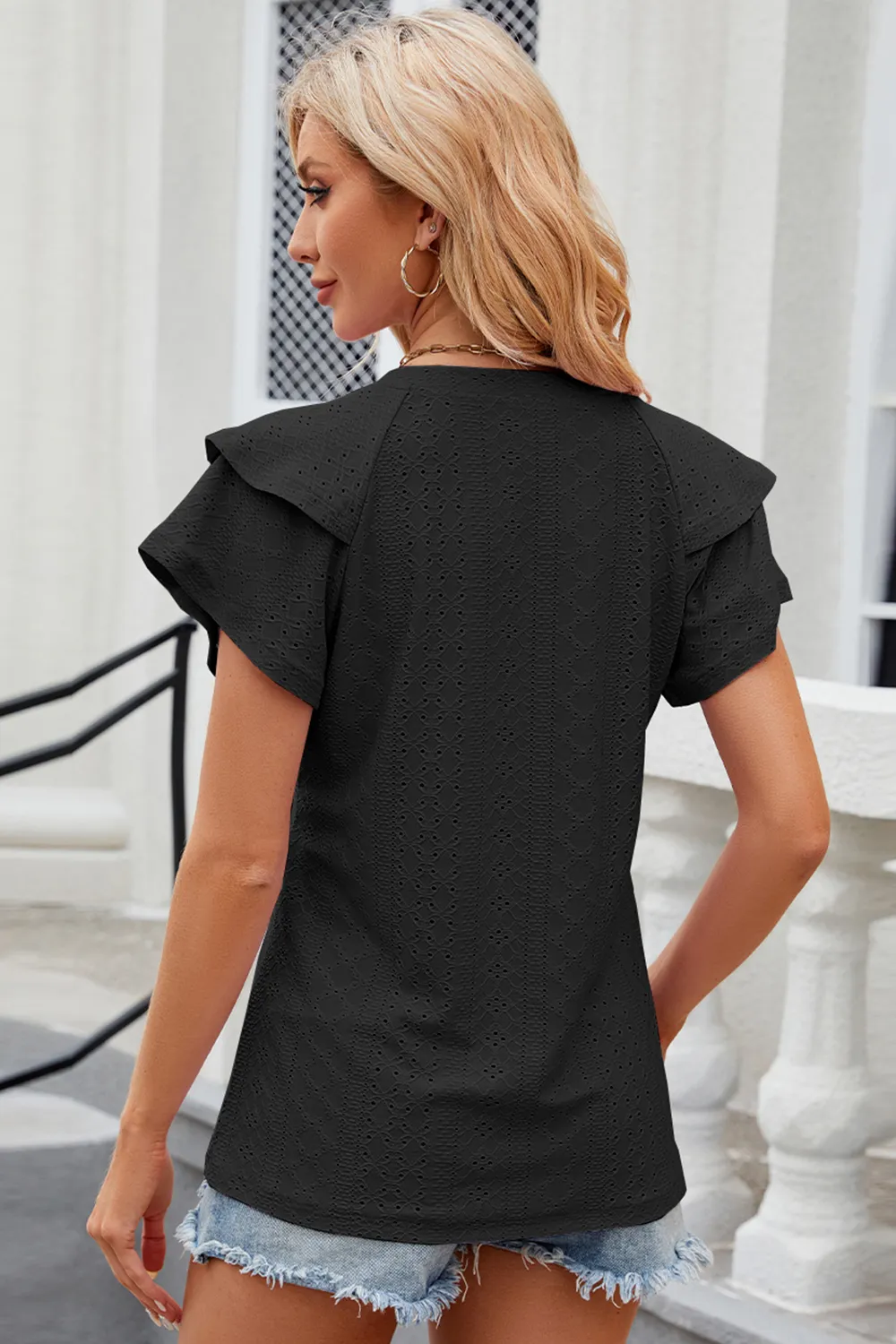 Eyelet Notched Flutter Sleeve T-Shirt, image 32