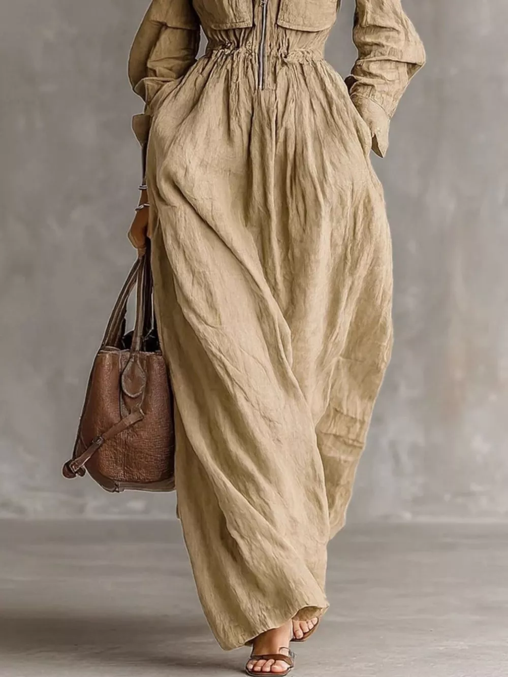 Zip-Front Long Sleeve Maxi Shirt Dress, image 4