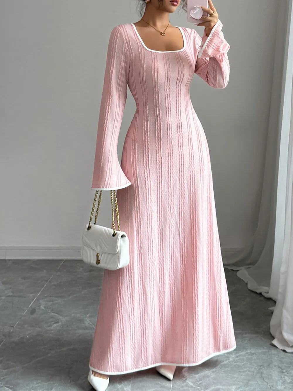 Textured Square Neck Long Sleeve Maxi Dress