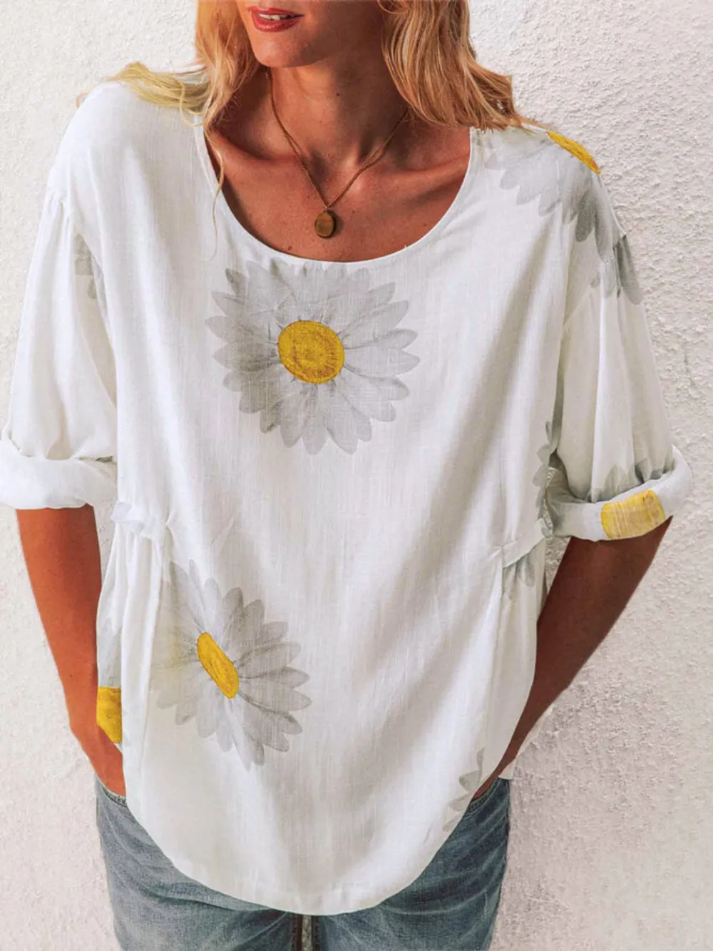 Full Size Flower Round Neck Half Sleeve T-Shirt Plus Size, image 2