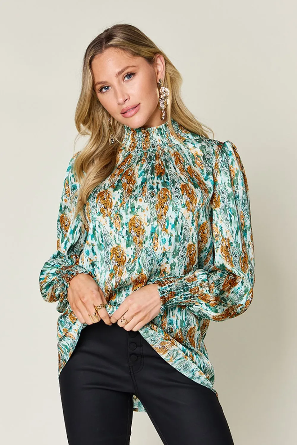Full Size Printed Smocked Long Sleeve Blouse, image 28