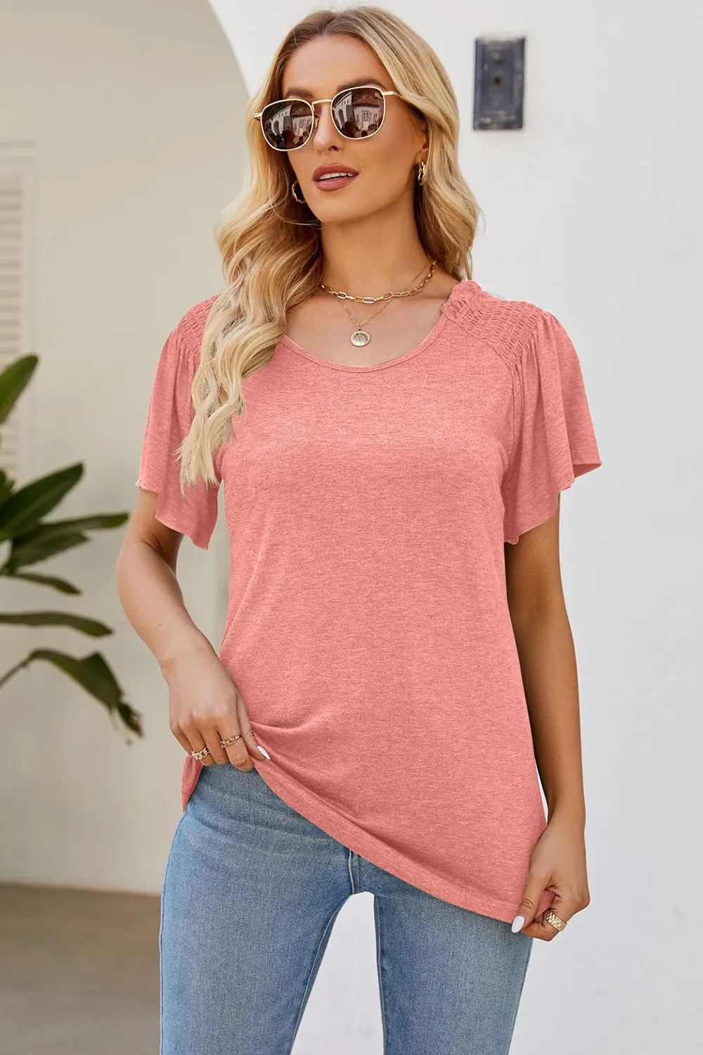 Smocked Round Neck Flutter Sleeve T-Shirt, image 26