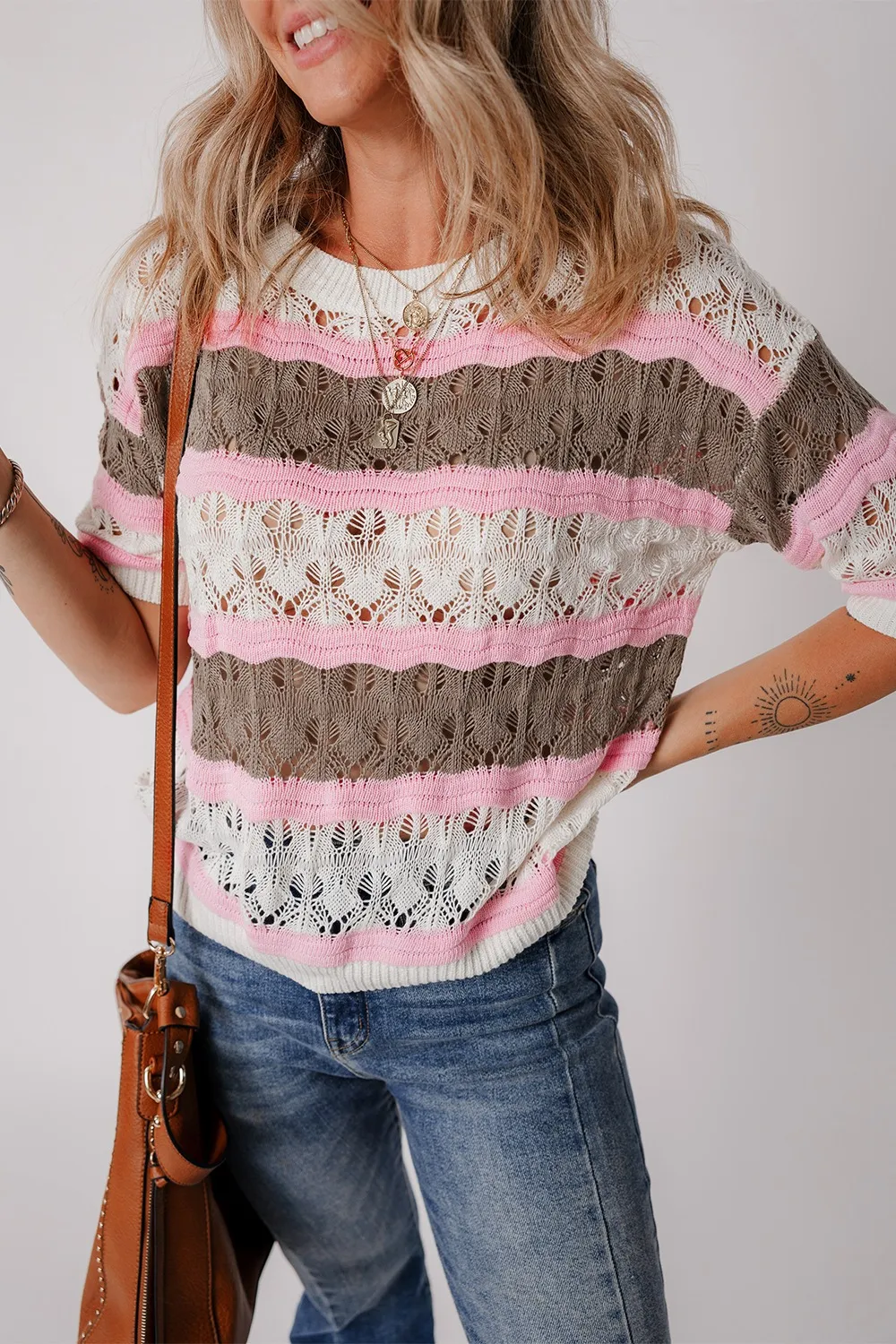 Color Block Openwork Half Sleeve Sweater, image 4