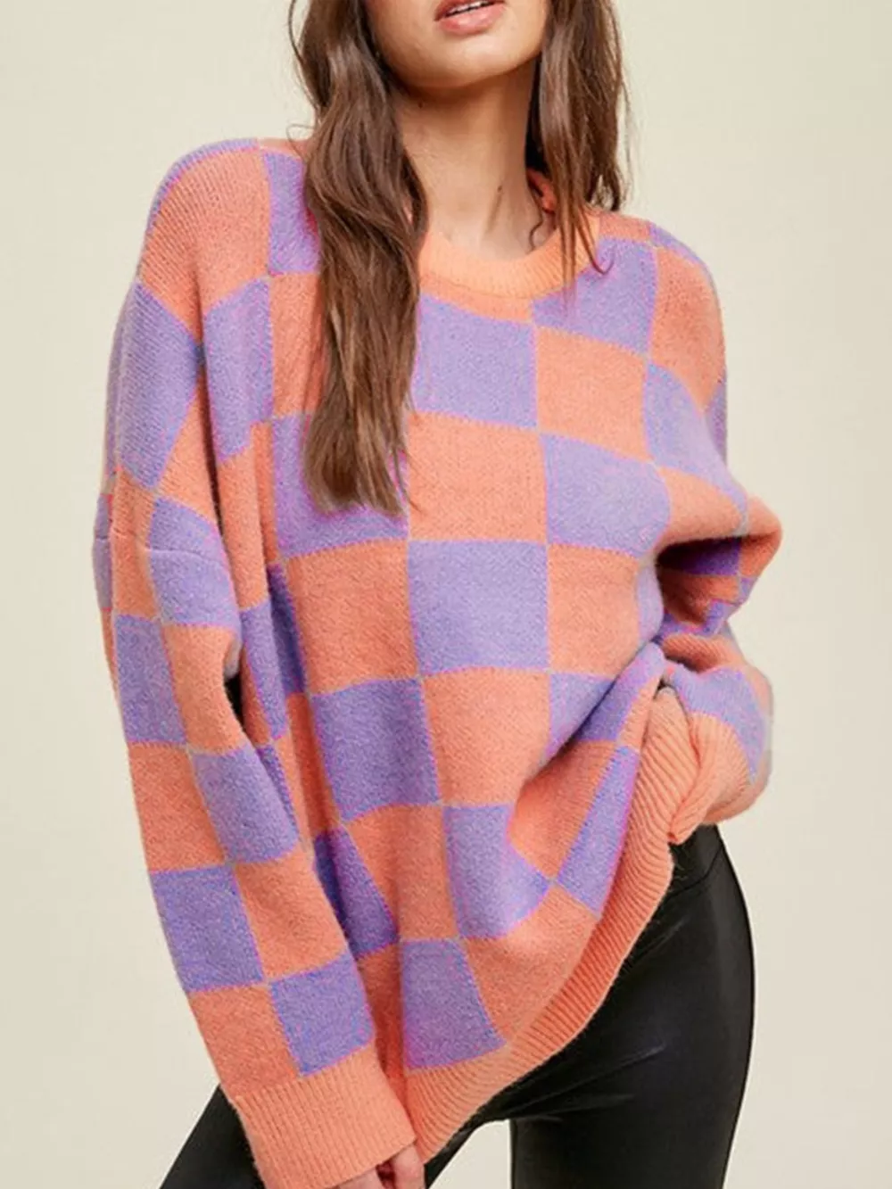 Checkerboard Chic Round Neck Sweater, image 2