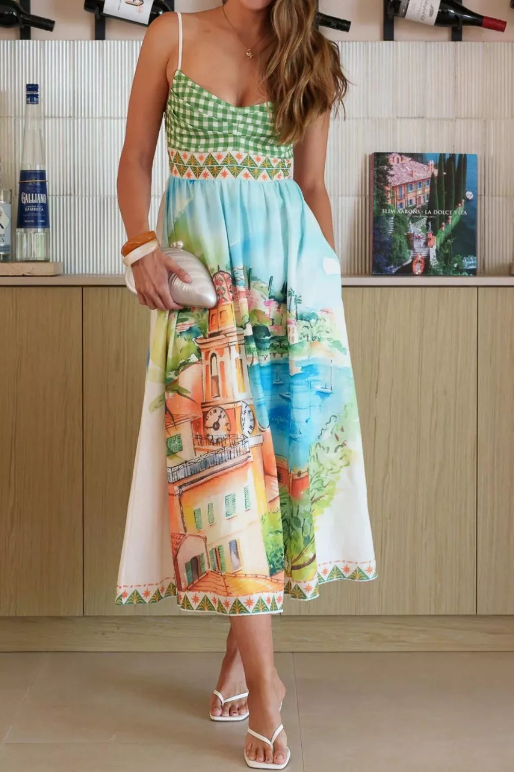 Gingham Bodice Scenic Print Midi Dress, image 4