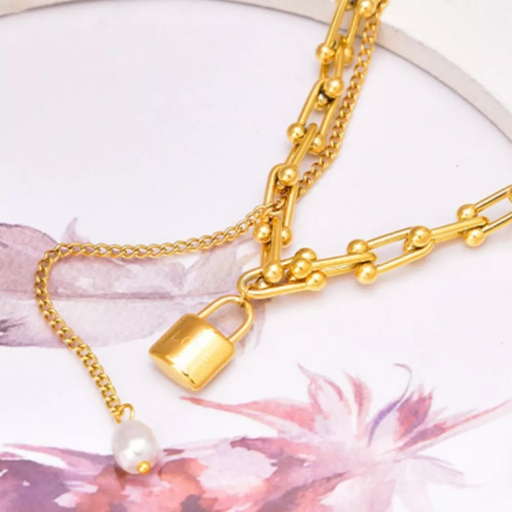 18K Gold-Plated Lock Pendant Necklace, image 4