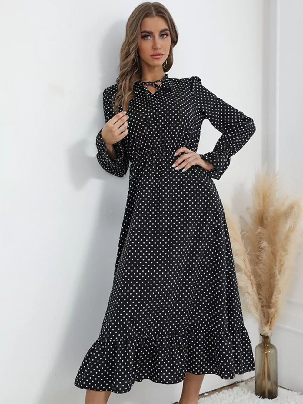 Polka Dot Ruffle Hem Midi Dress, image 2