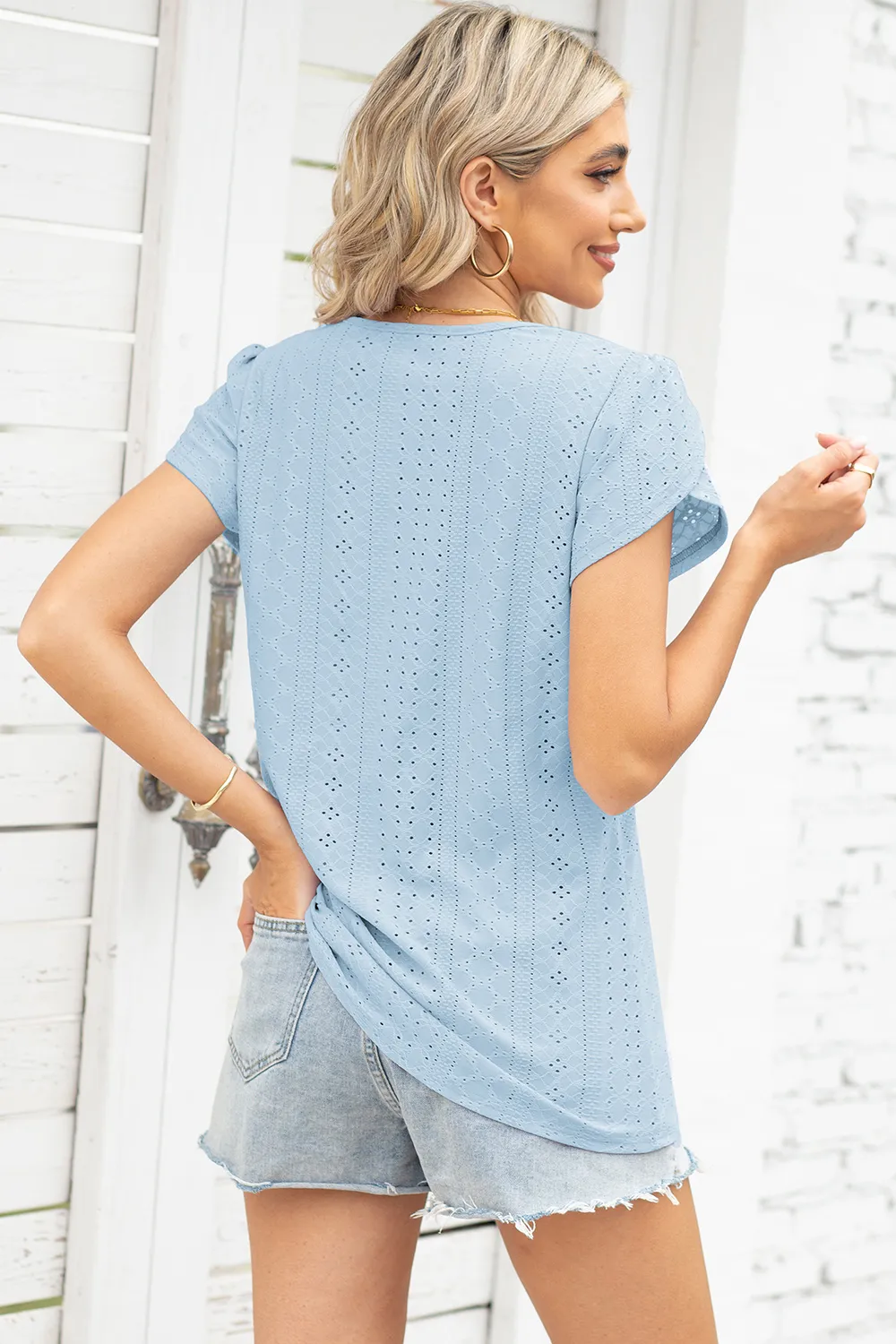 Eyelet Notched Petal Sleeve Blouse, image 20