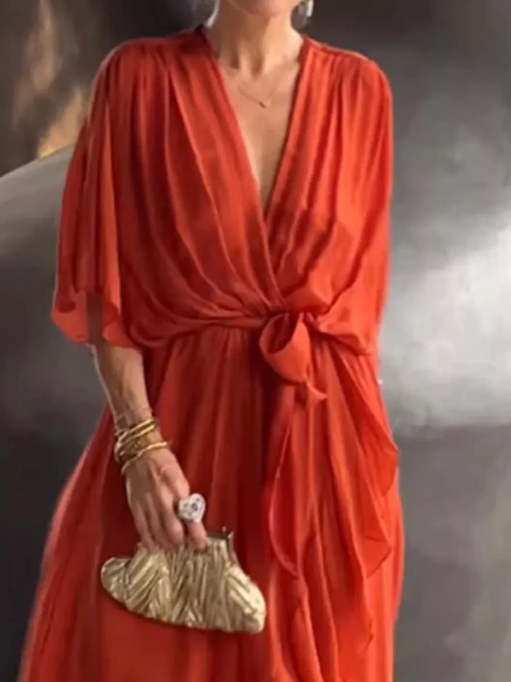 Full Size Chiffon Wrap Dress with Flutter Sleeves Plus Size, image 8