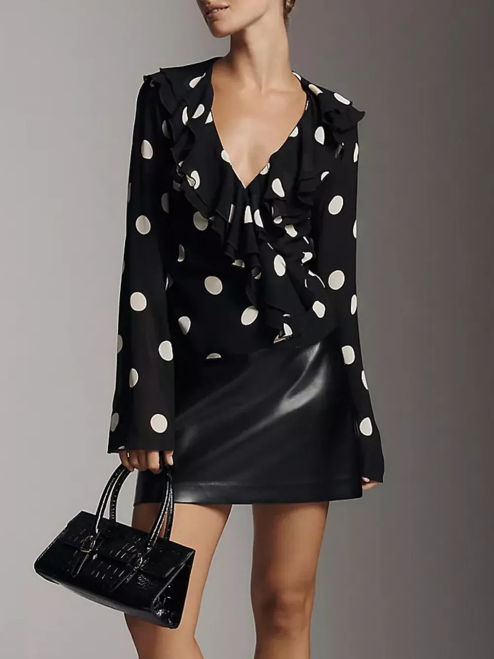 Polka Dot Ruffle V-Neck Blouse