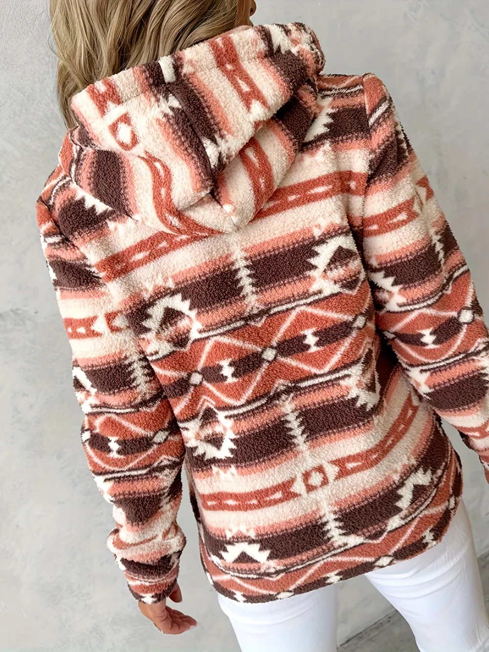 Geometric Zip Up Long Sleeve Hooded Jacket, image 3
