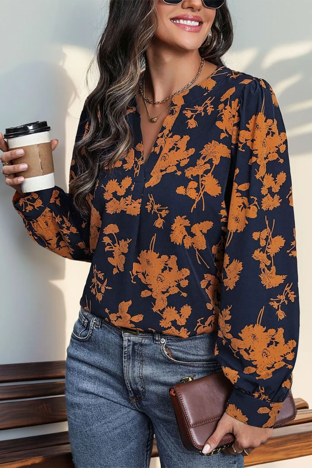Printed Notched Long Sleeve Blouse, image 4