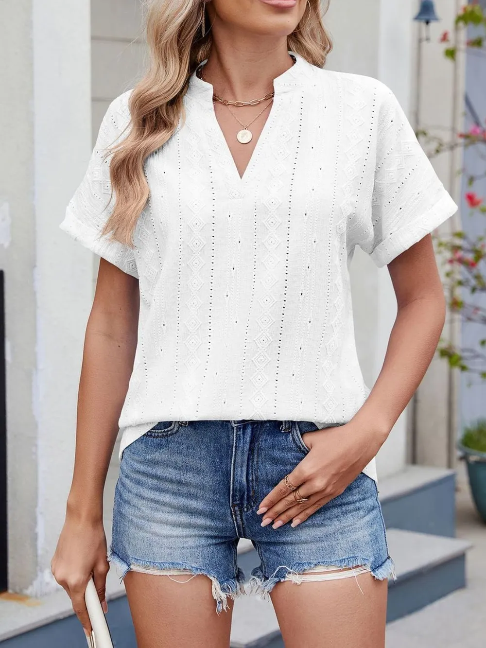 Eyelet Notched Short Sleeve Top, image 13