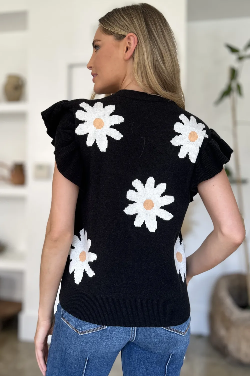 Full Size Ruffled Flower Round Neck Cap Sleeve Sweater, image 3
