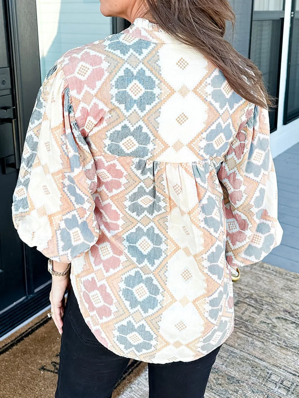 Bohemian Geometric Print Blouse with Tassel Tie, image 3