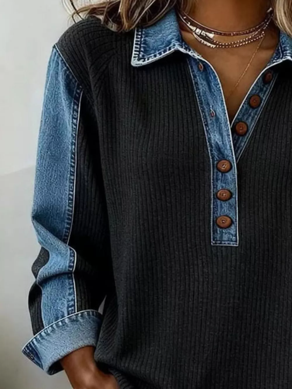 Denim Trim Button Detail Sweatshirt, image 2