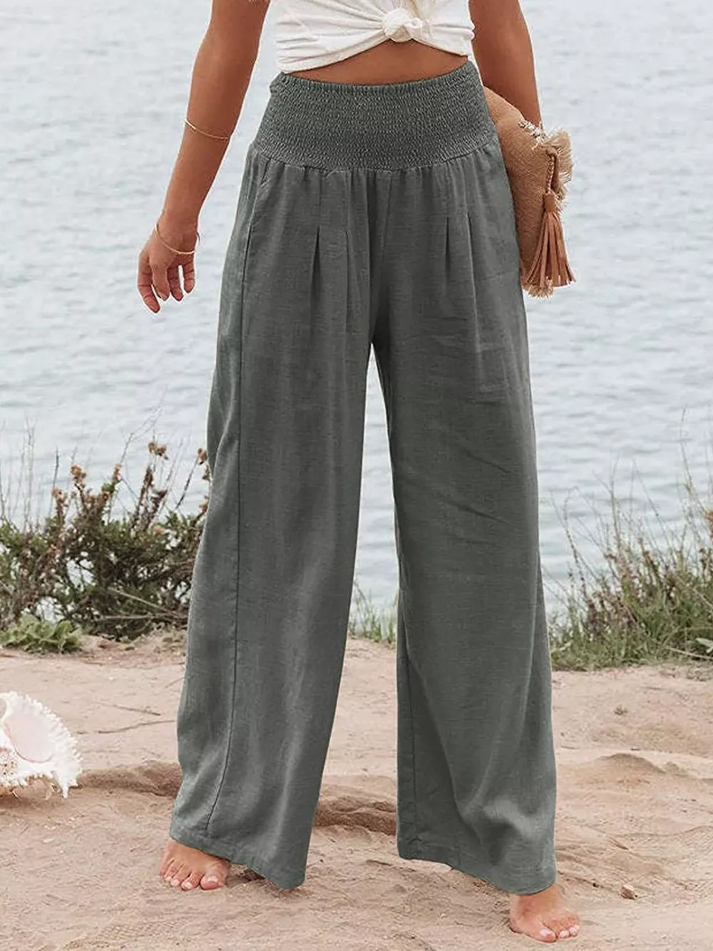 Smocked High Waisted Wide Leg Pants, image 5