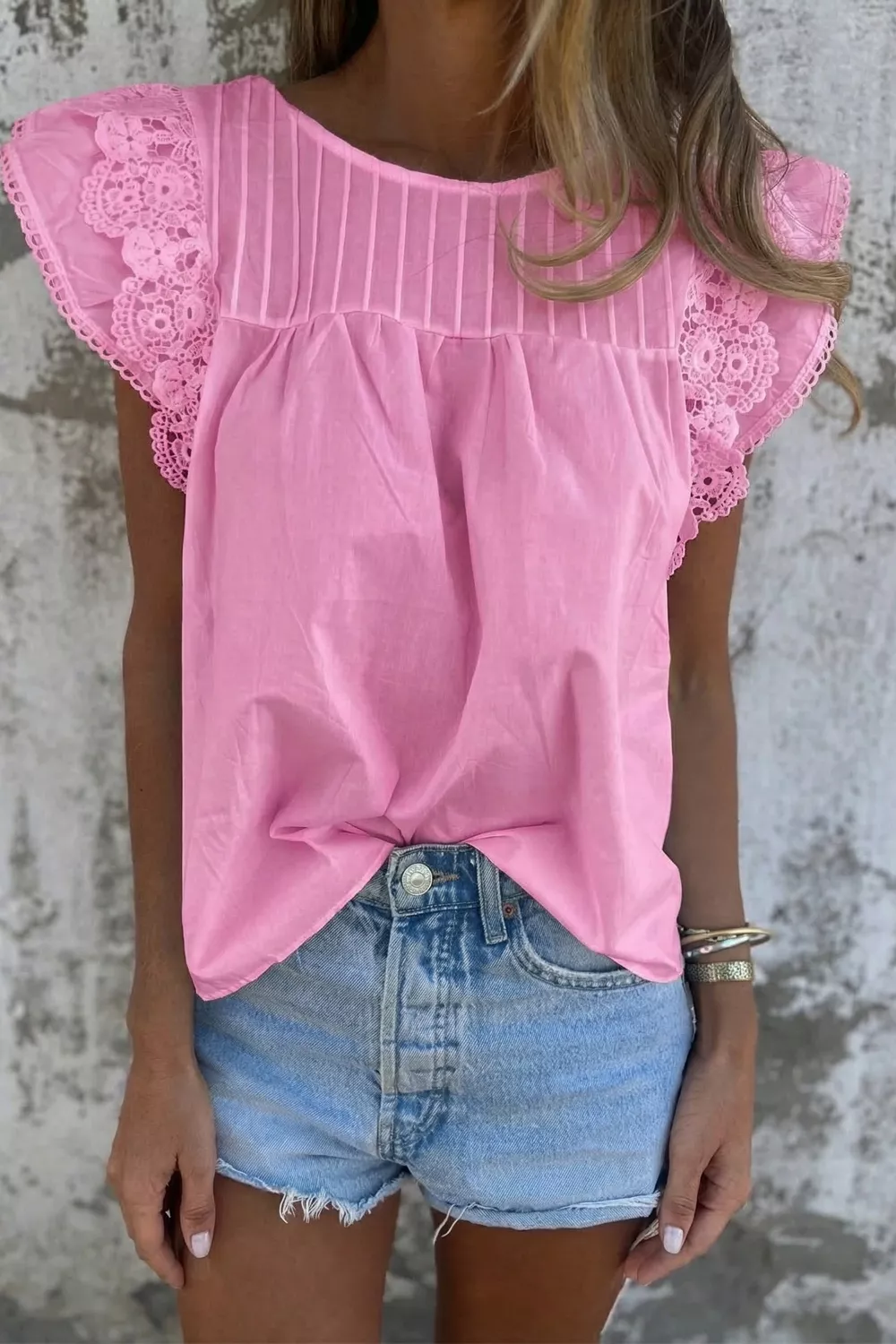 Lace Detail Flutter Sleeve Pleated Round Neck Blouse, image 4