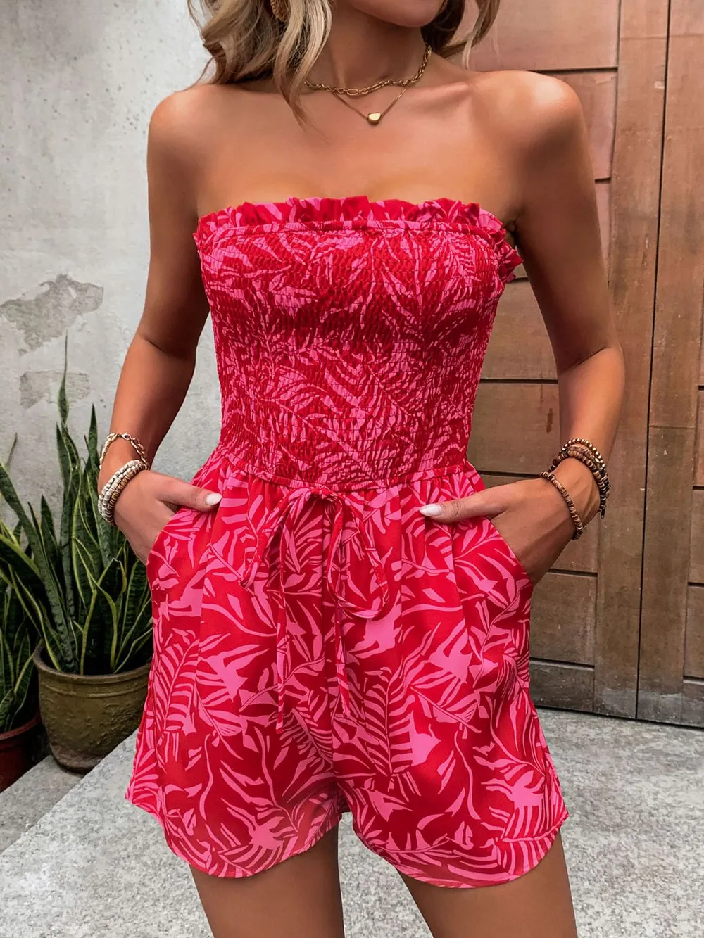 Smocked Printed Tube Romper with Pockets, image 4