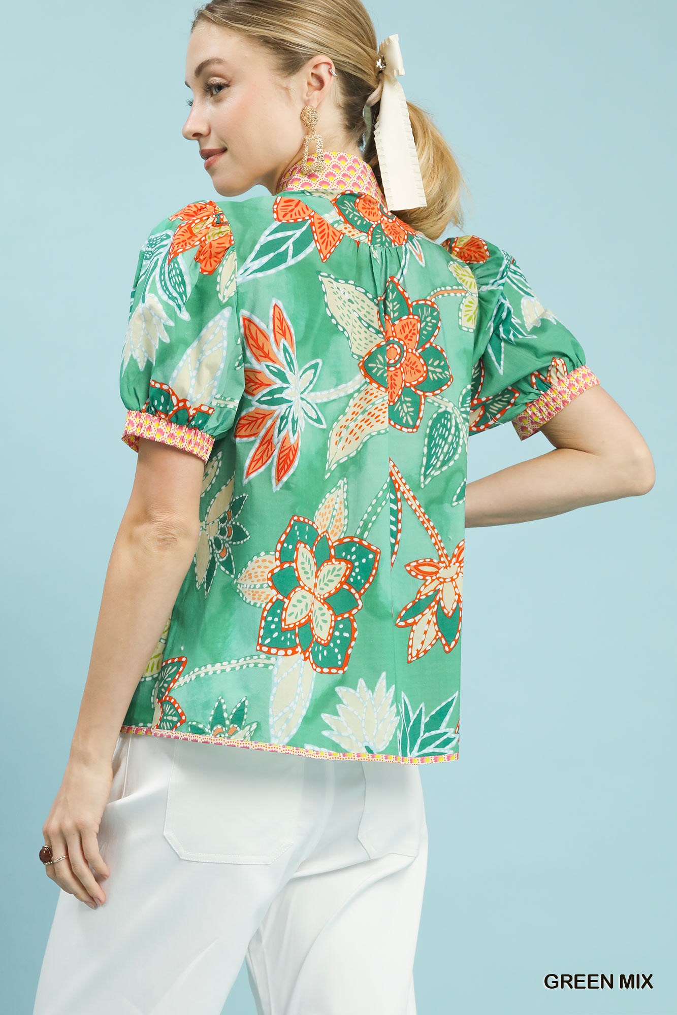 Mixed Abstract Print Puff Sleeve Blouse, image 3