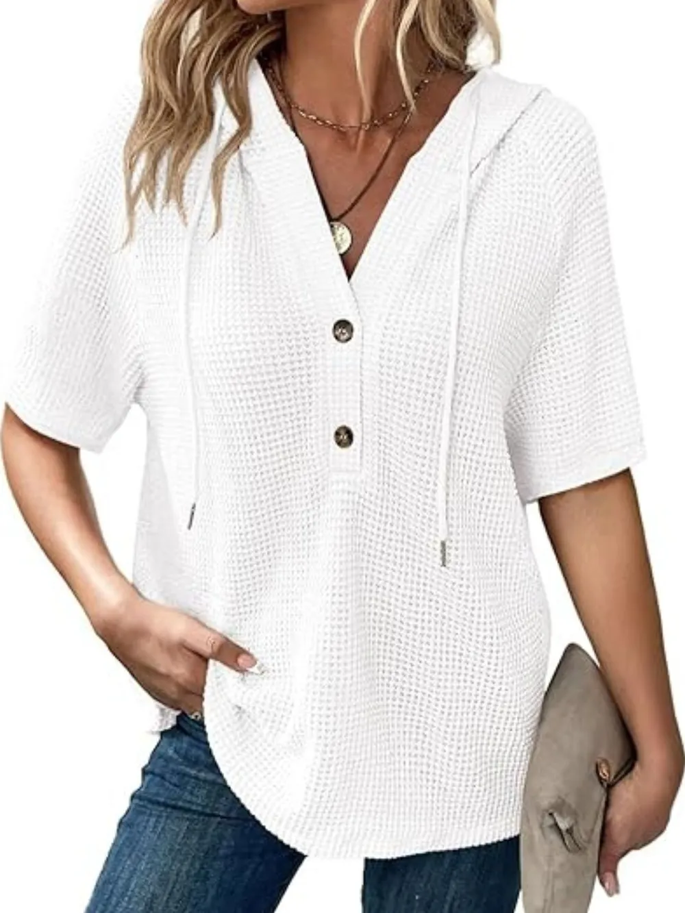Drawstring Waffle-Knit Short Sleeve Hooded Top, image 4