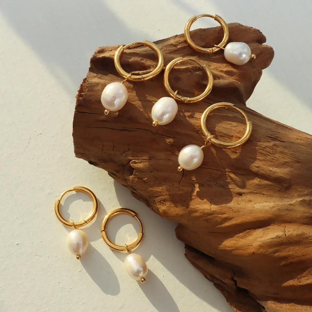 Gold-Plated Titanium Steel Pearl Earrings, image 3